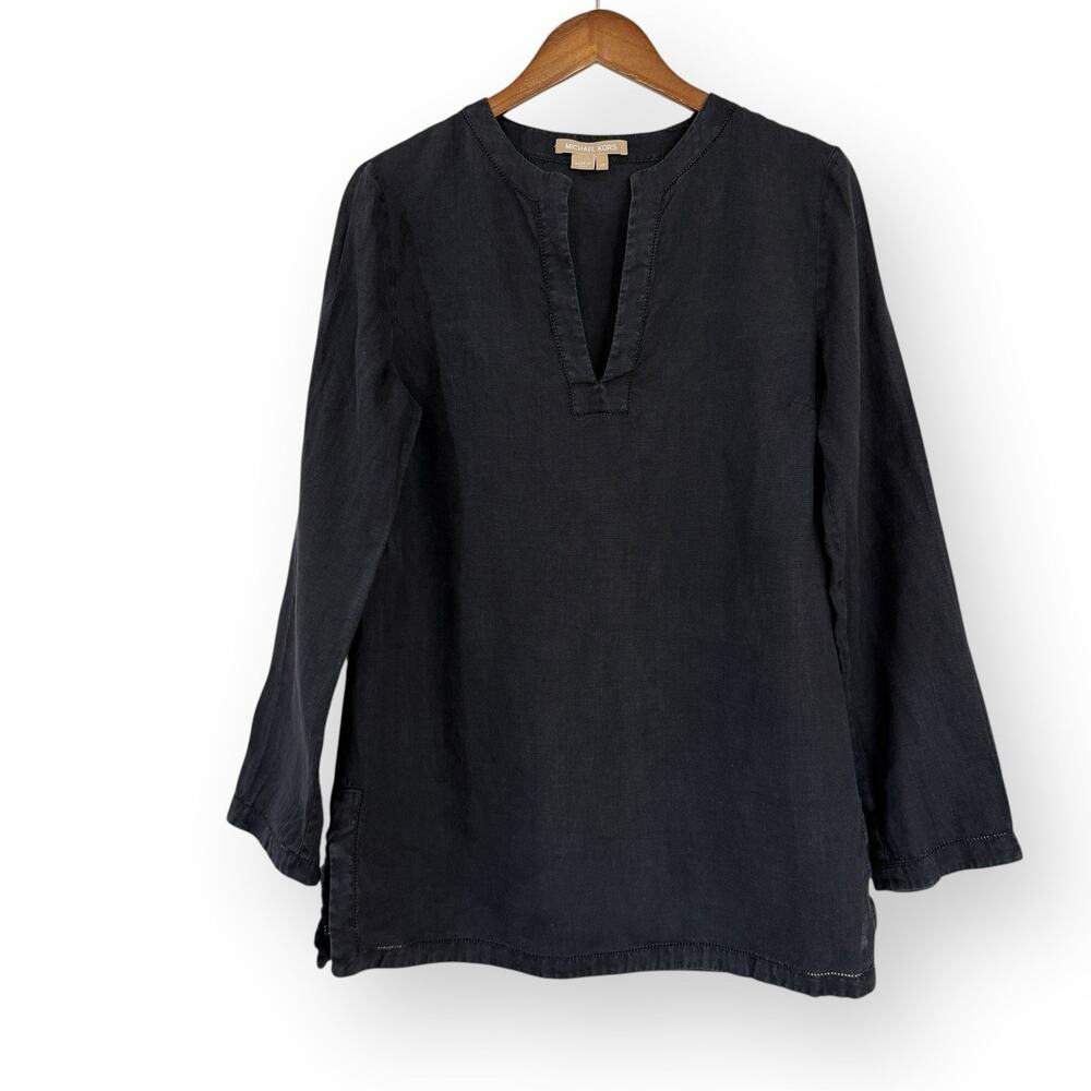 Michael Kors Black 100% Linen Tunic 10 Popover Blouse Made in Italy Quiet Luxury